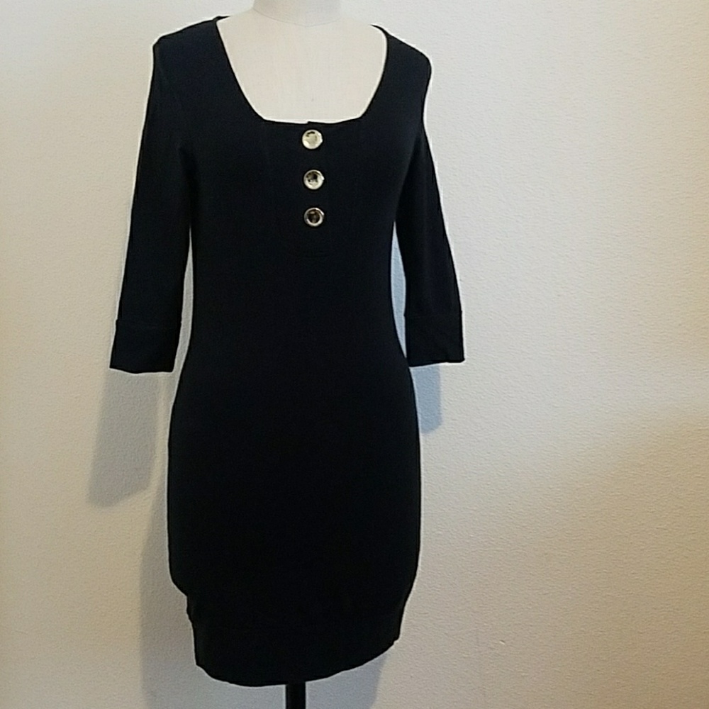 Reiss Black Fitted Stretch Cotton Button Dress
